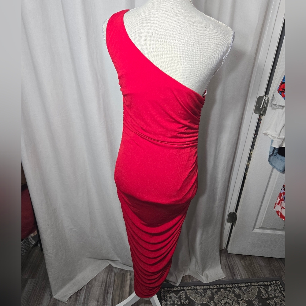 Lulu's One-Shoulder Red Ruched Midi Dress - Picture 8 of 9